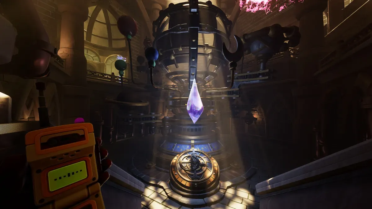 A floating crystal device above a pedestal in a dim puzzle chamber in We Were Here Tomorrow