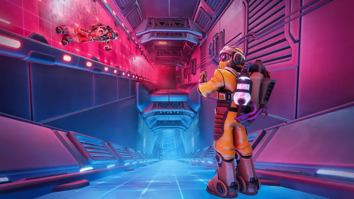 An explorer walking a red-lit corridor toward a blue door in We Were Here Tomorrow