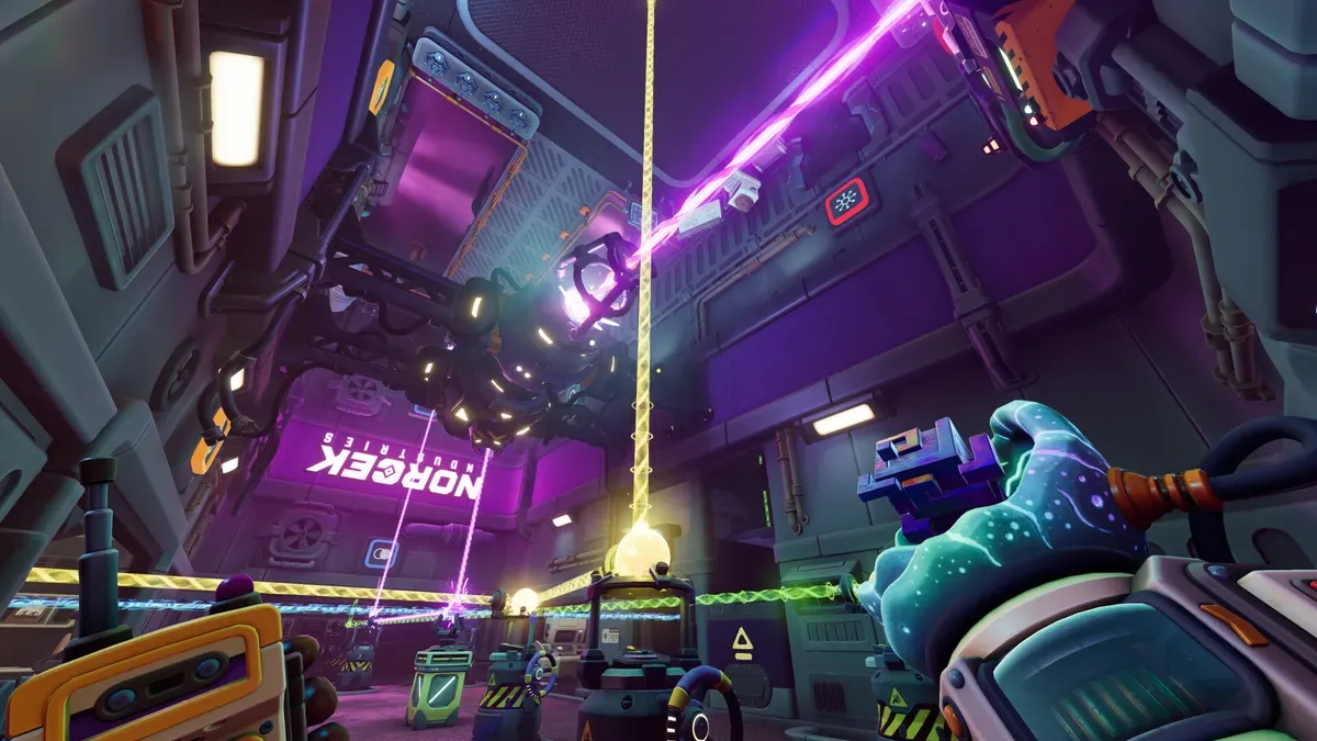 Industrial hall inside the Norcek facility with violet energy beams in We Were Here Tomorrow