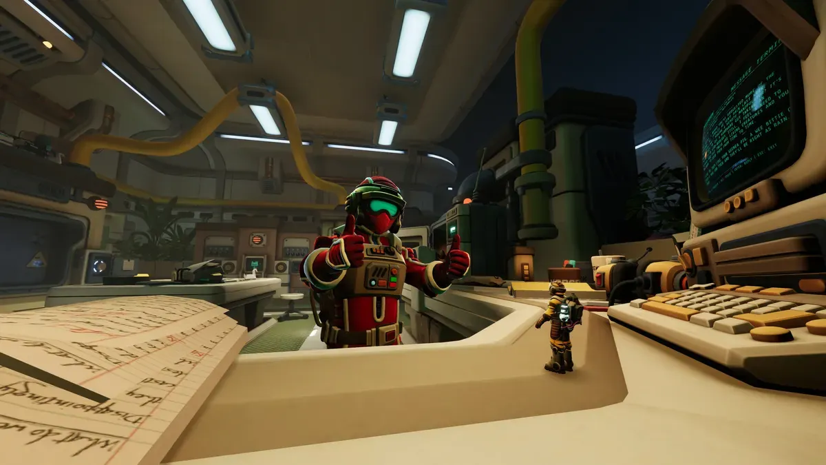 Two explorers coordinating across a retro control room in We Were Here Tomorrow co-op