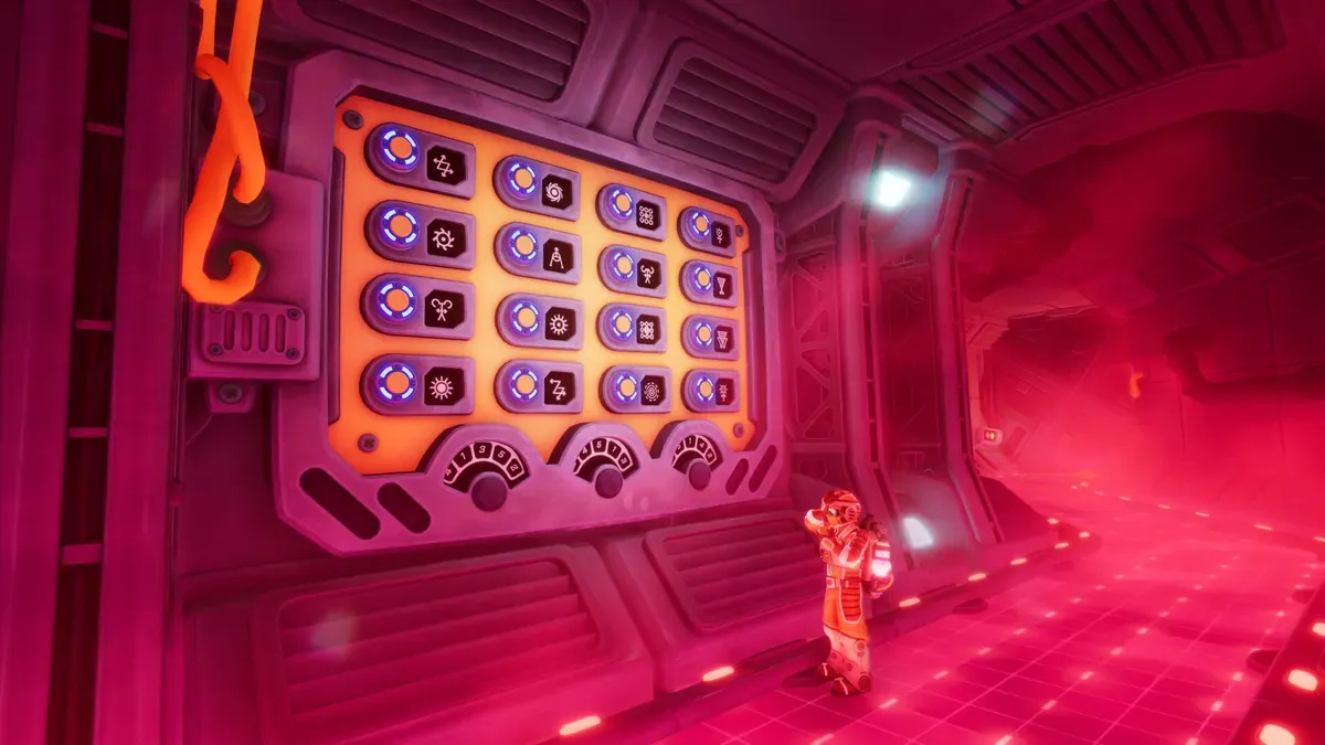 First-person view of a glowing red puzzle panel to describe over the walkie-talkie